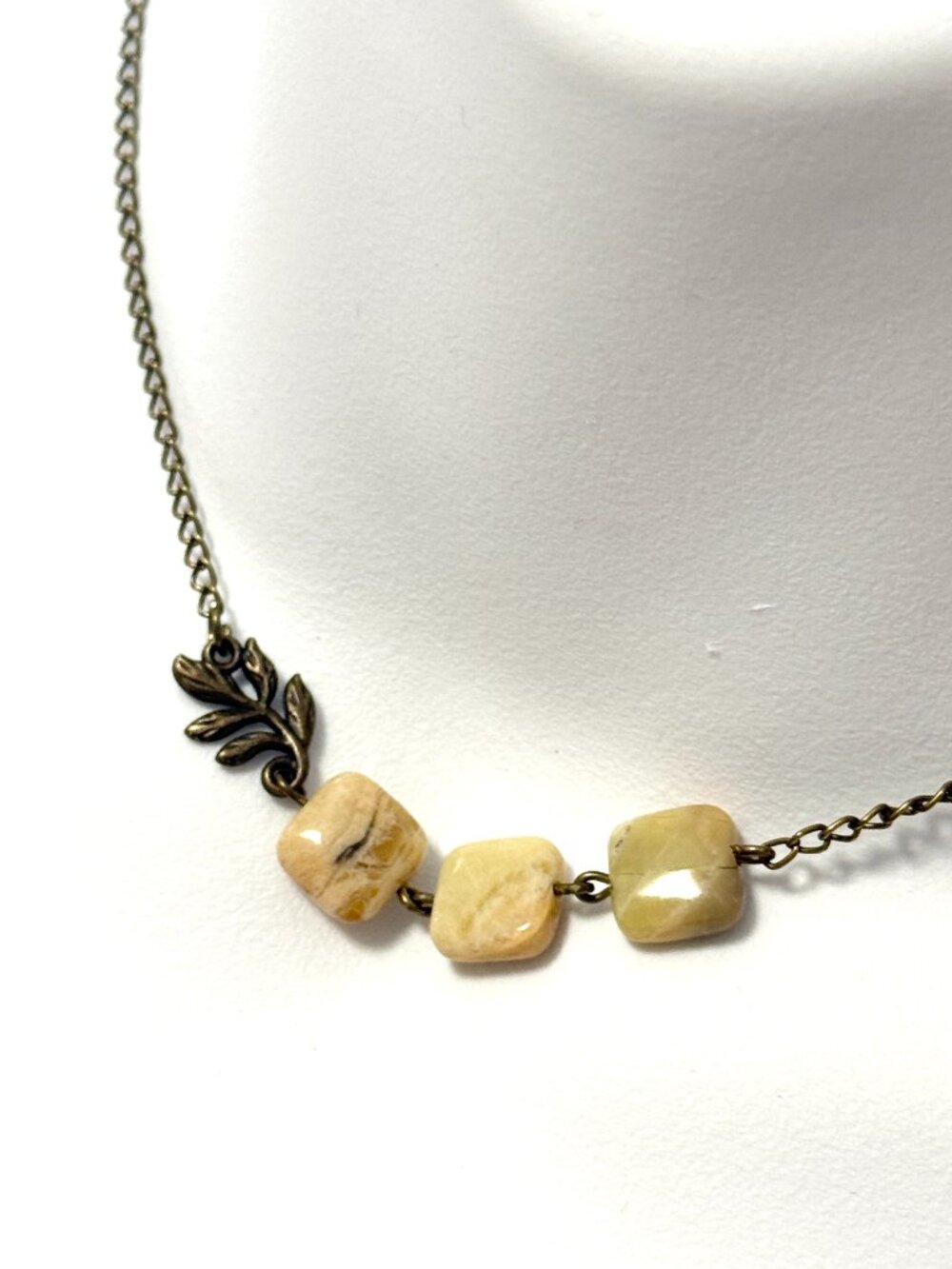 2/$20, Genuine Yellow Calcite Short Necklace, Natural Gemstone & Bronze Leaf